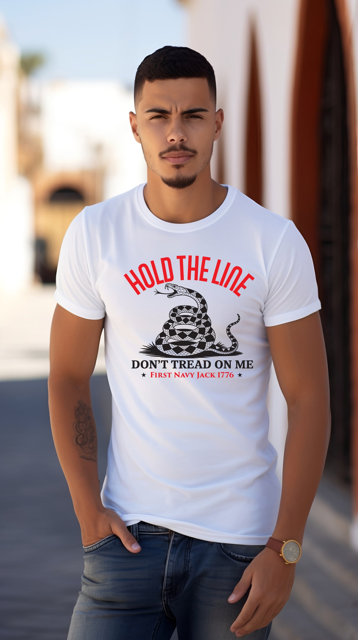 Man wearing a white t-shirt with "Don't Tread ON Me" graphic design and text.