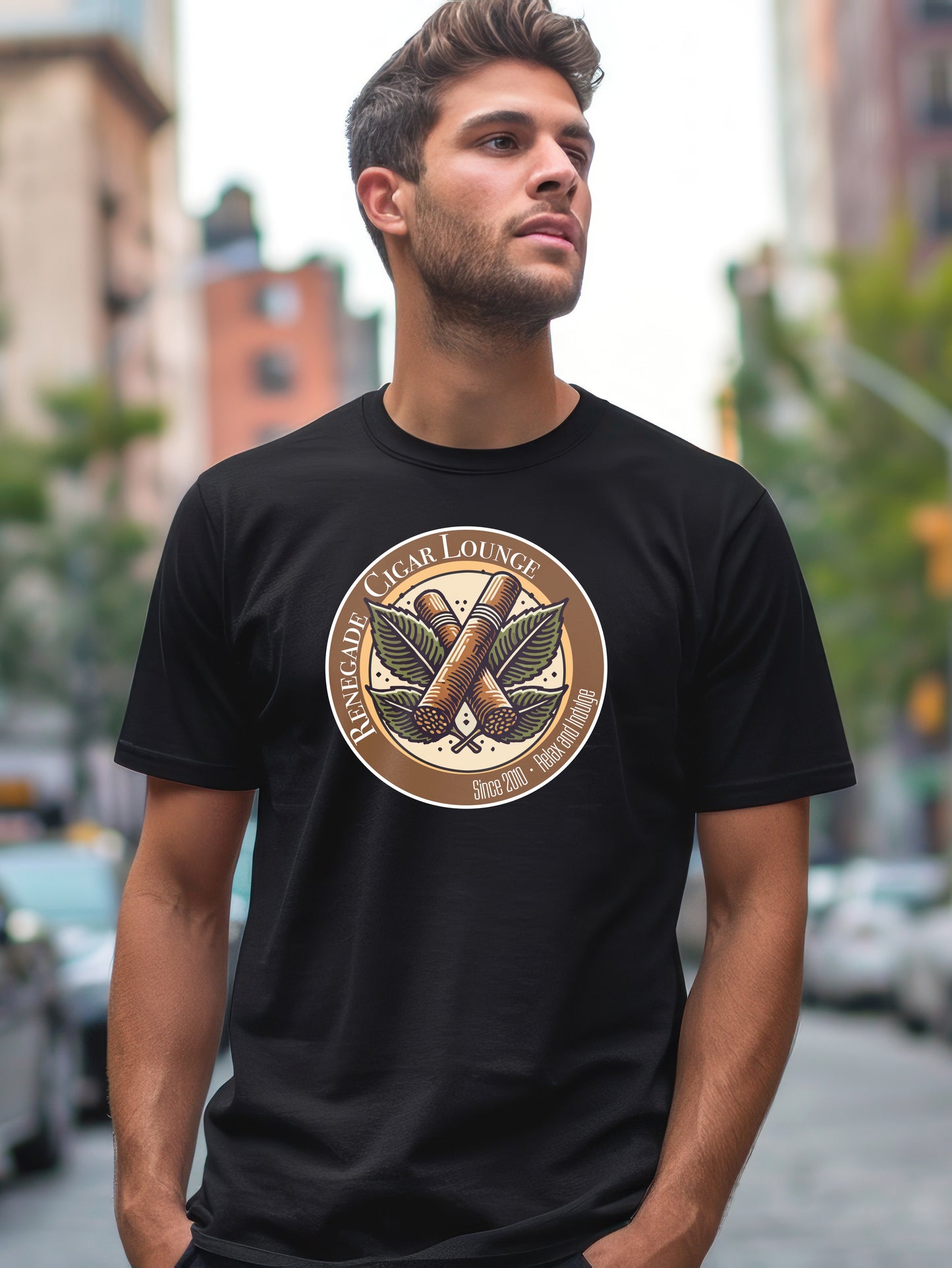 Man wearing a black t-shirt with a cigar lounge logo on a city street