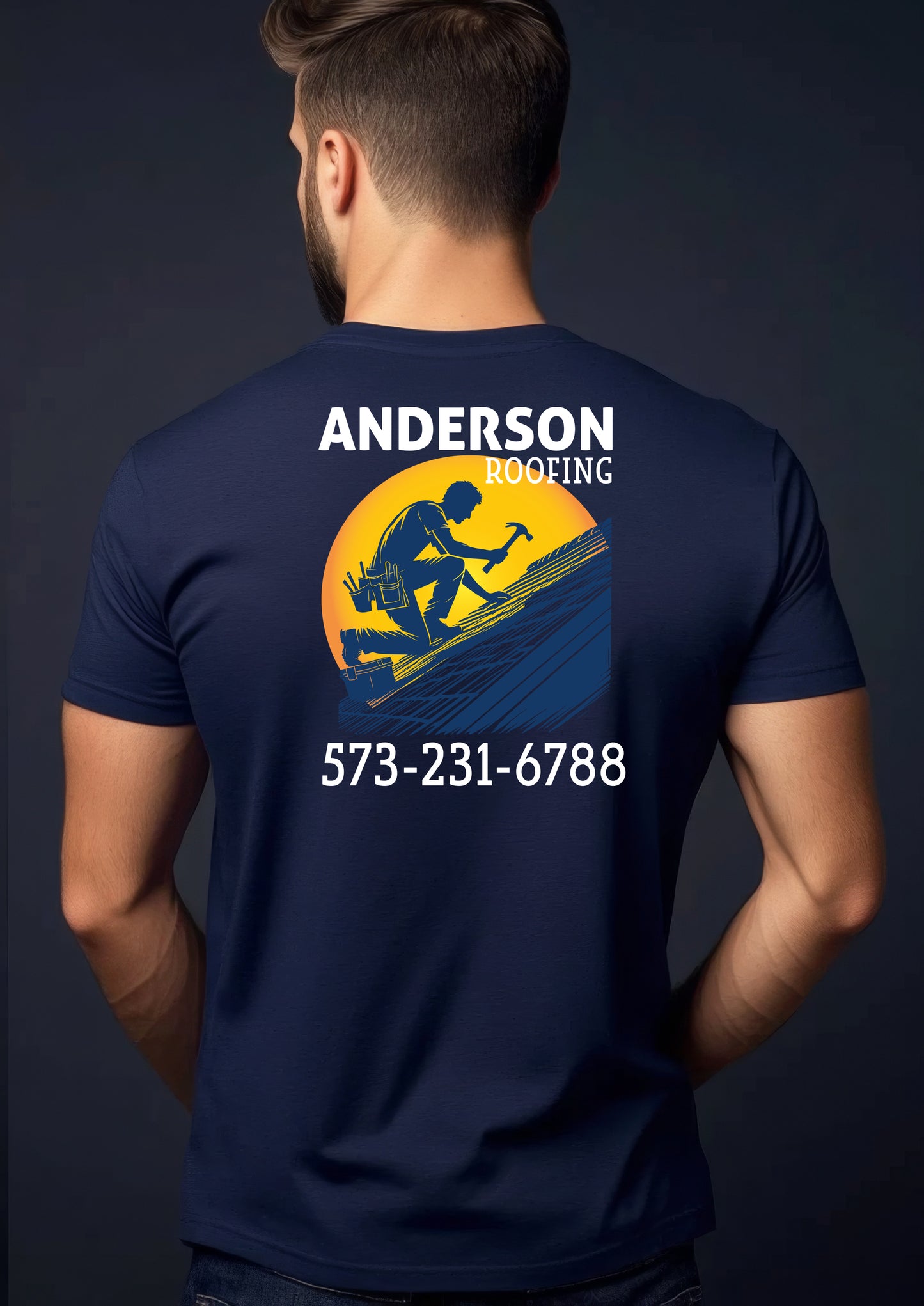 Man wearing a navy blue t-shirt with Anderson Roofing logo and contact information on the back.