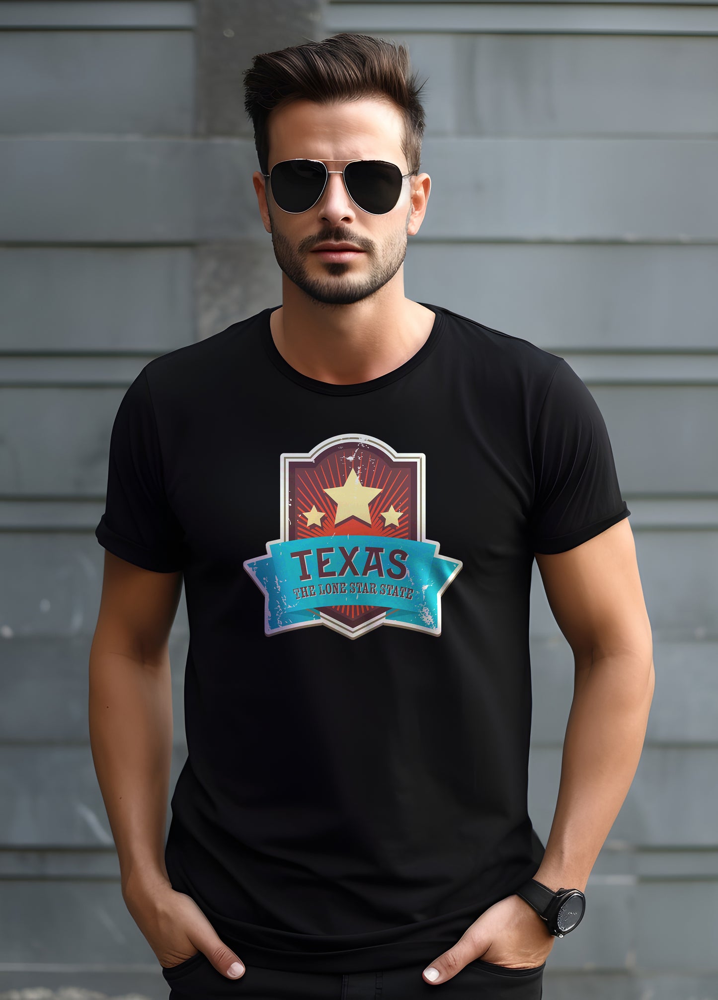 Man wearing a black t-shirt with a Texas design against a gray wall.