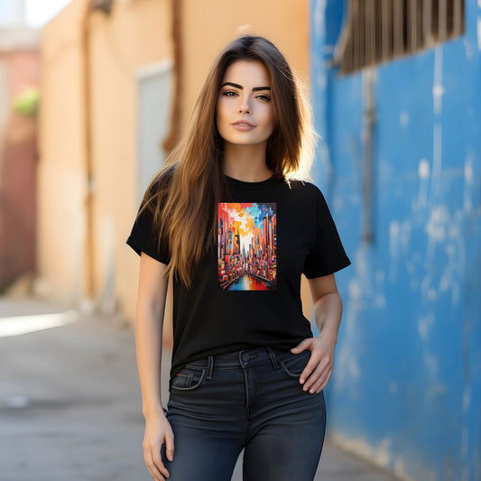 Woman wearing a black t-shirt with a colorful graphic design against a blue wall.