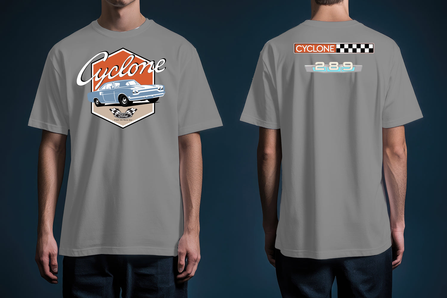 Gray t-shirt with 'Cyclone' graphic design on front and embelms on the back.