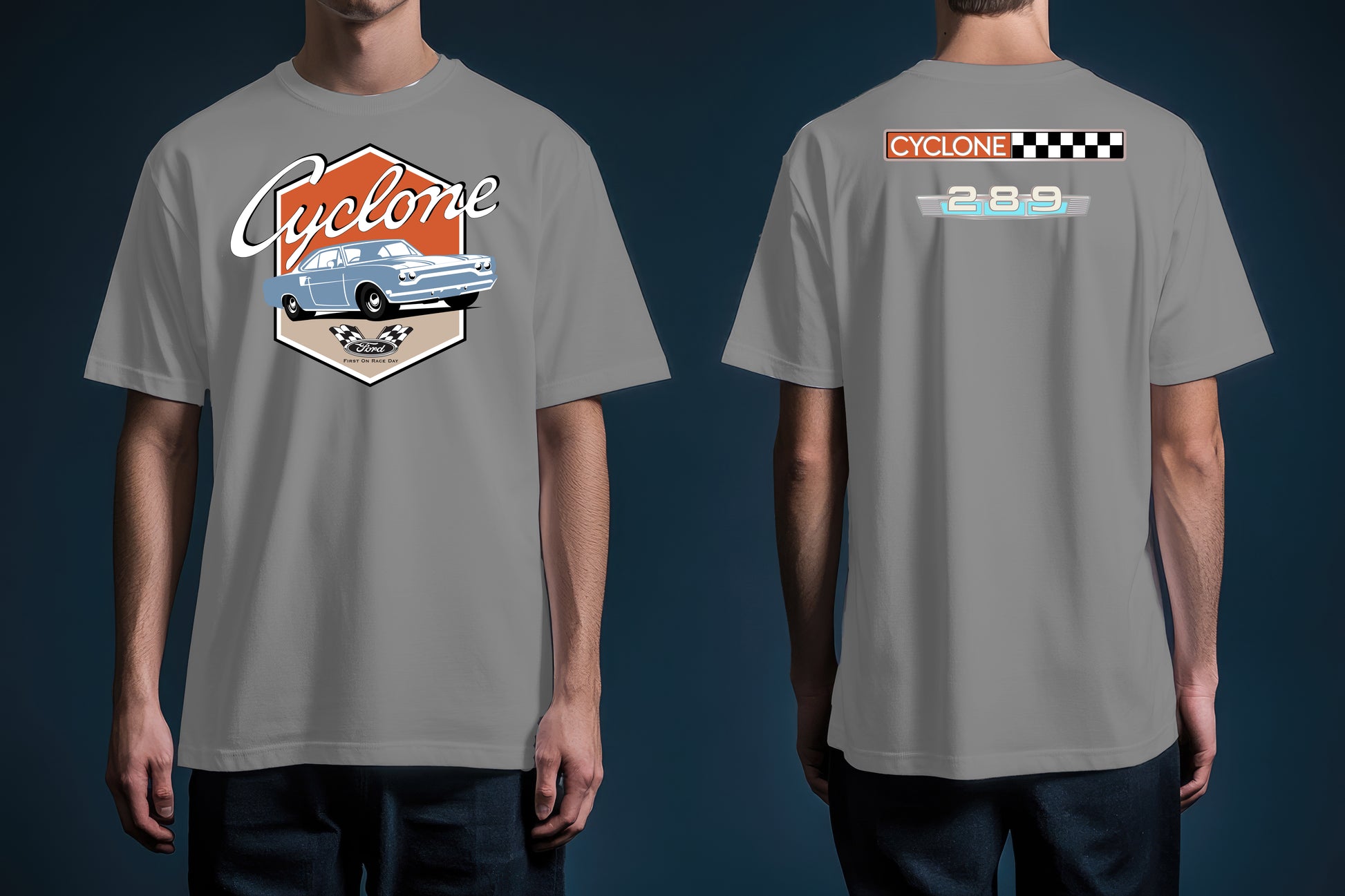 Gray t-shirt with 'Cyclone' graphic design on front and embelms on the back.