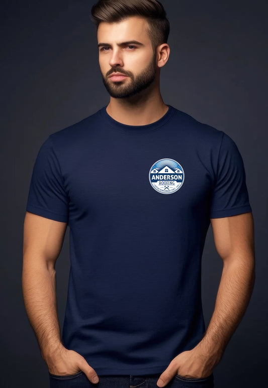 Man wearing a navy blue t-shirt with Anderson Roofing logo and contact information on the front.