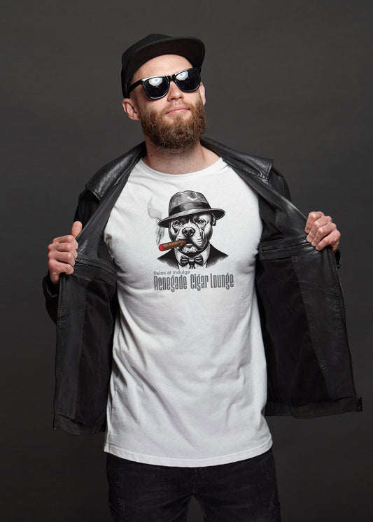 Man wearing a white t-shirt with a bull dog smoking a cigar graphic design and sunglasses, holding a black leather jacket.