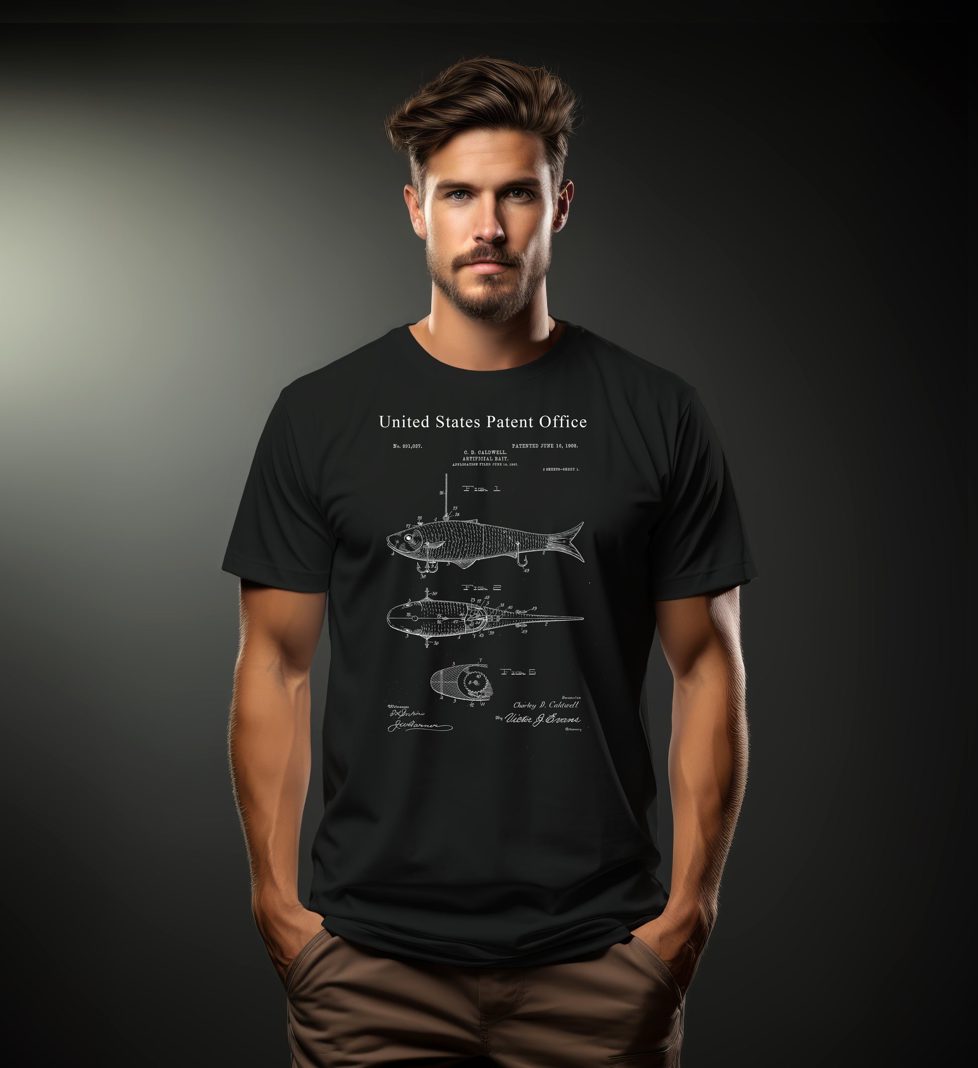 Man wearing a black t-shirt with a fish diagram and text on a dark background
