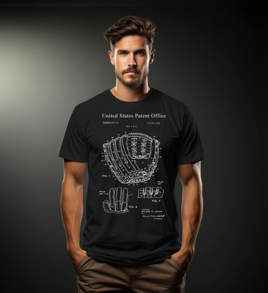 Man wearing a black t-shirt with a baseball glove design and 'United States Patent Office' text on a dark background
