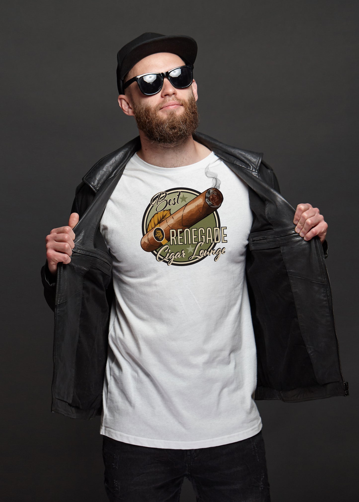 Man wearing a white t-shirt with a Cigar Lounge logo and text, holding a black jacket against a dark background
