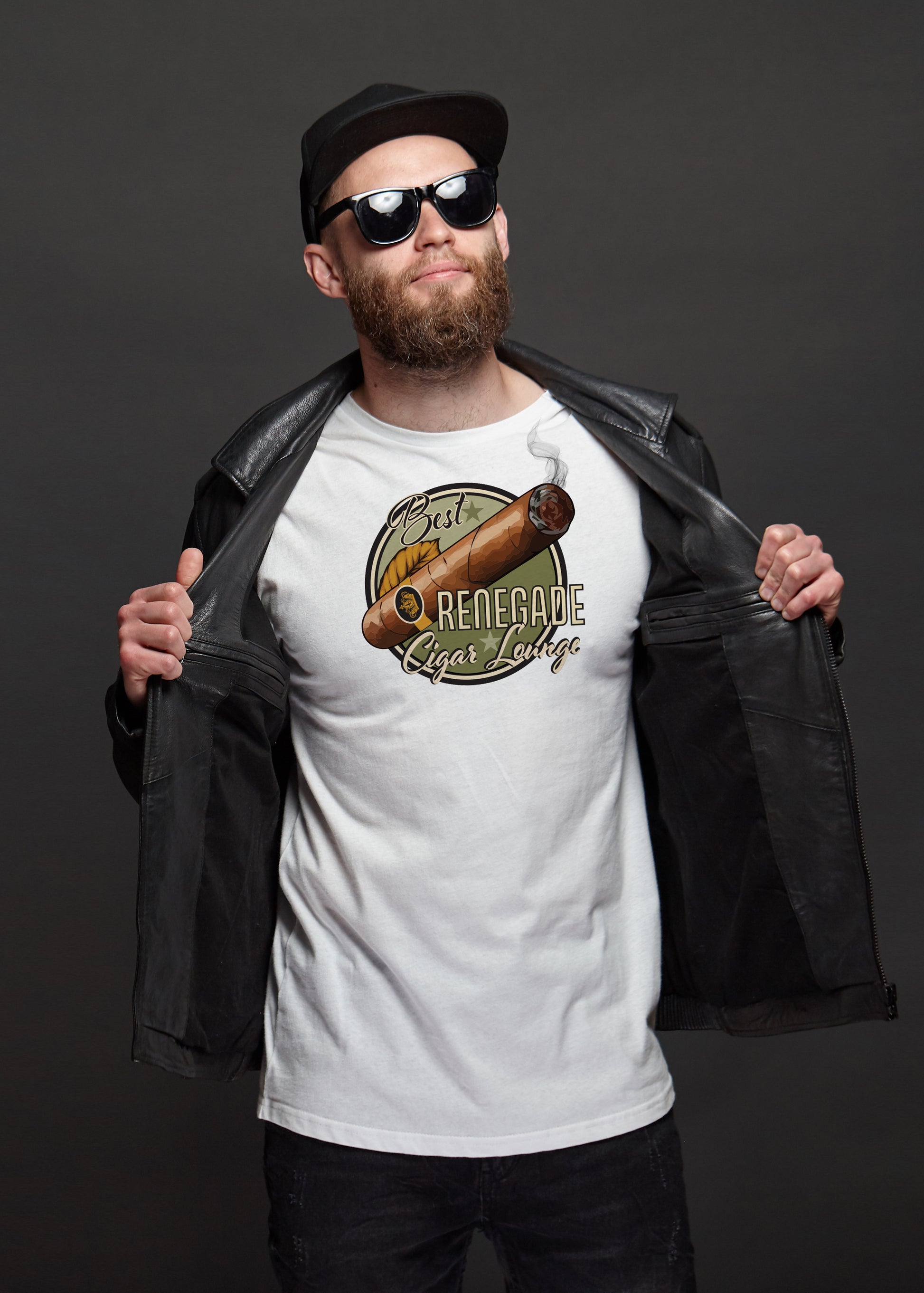 Man wearing a white t-shirt with a Cigar Lounge logo and text, holding a black jacket against a dark background