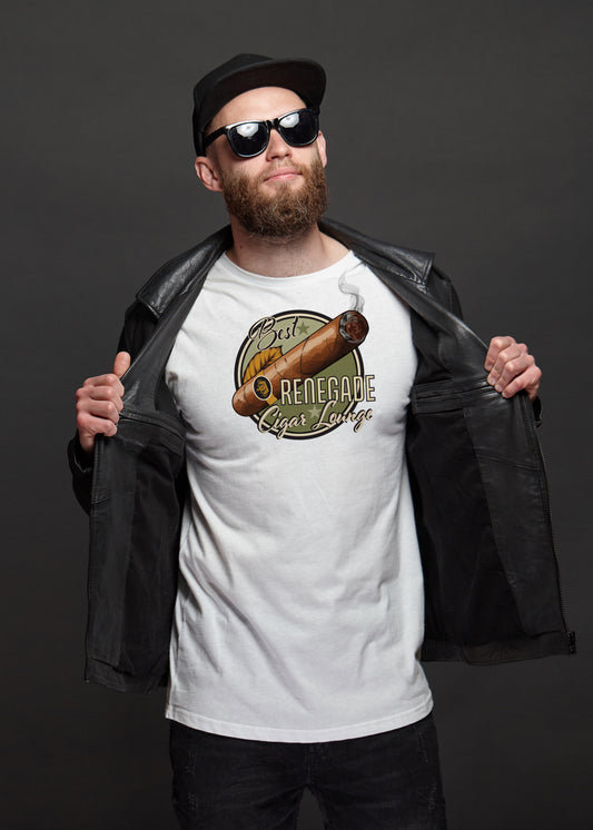 Man wearing a white t-shirt with a Cigar Lounge logo and text, holding a black jacket against a dark background