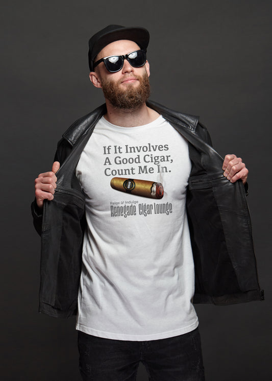 Man wearing a white t-shirt with a cigar-themed design and text, holding a black leather jacket.
