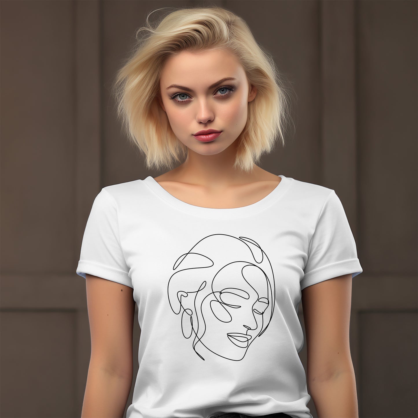 Woman wearing a white t-shirt with a black line art design of a face on a white background