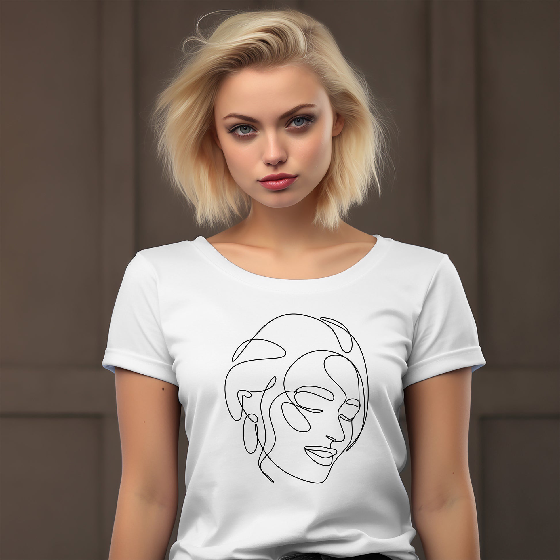 Woman wearing a white t-shirt with a black line art design of a face on a white background