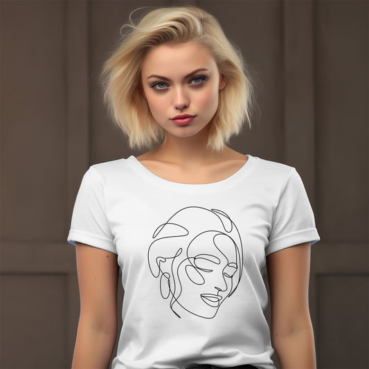 Woman wearing a white t-shirt with a black line art design of a face on a white background
