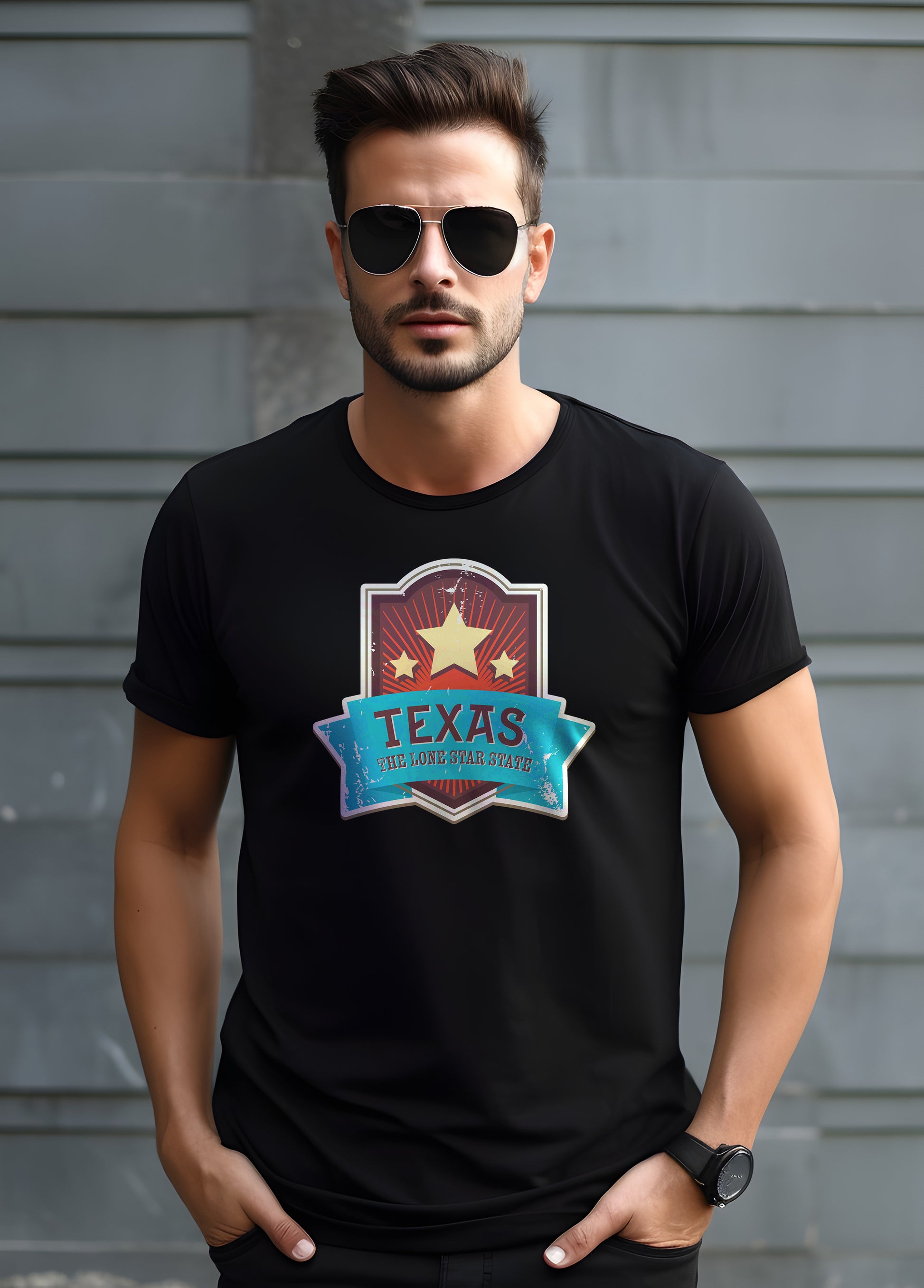 Man wearing a black t-shirt with a Texas design against a gray wall.