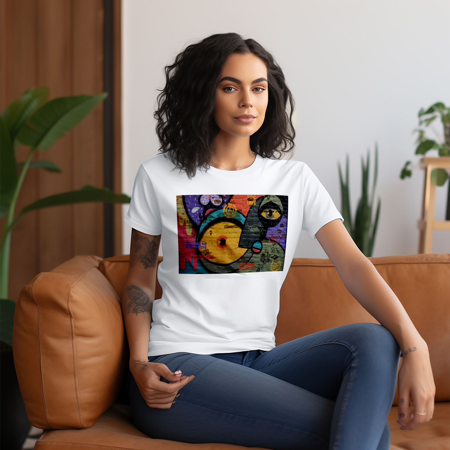 Woman sitting on a couch wearing a white t-shirt with a colorful graffiti graphic.