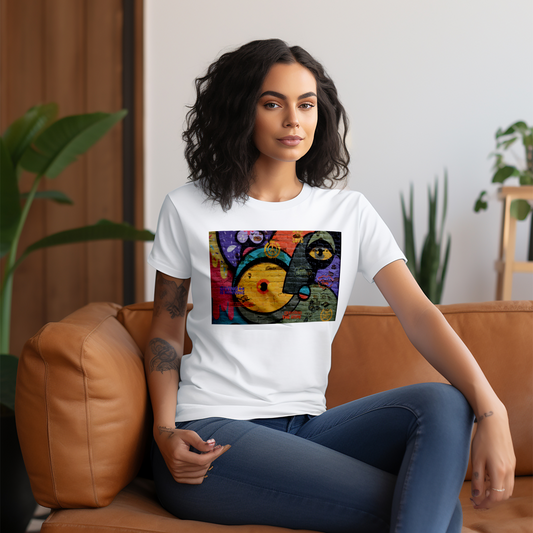Woman sitting on a couch wearing a white t-shirt with a colorful graffiti graphic.