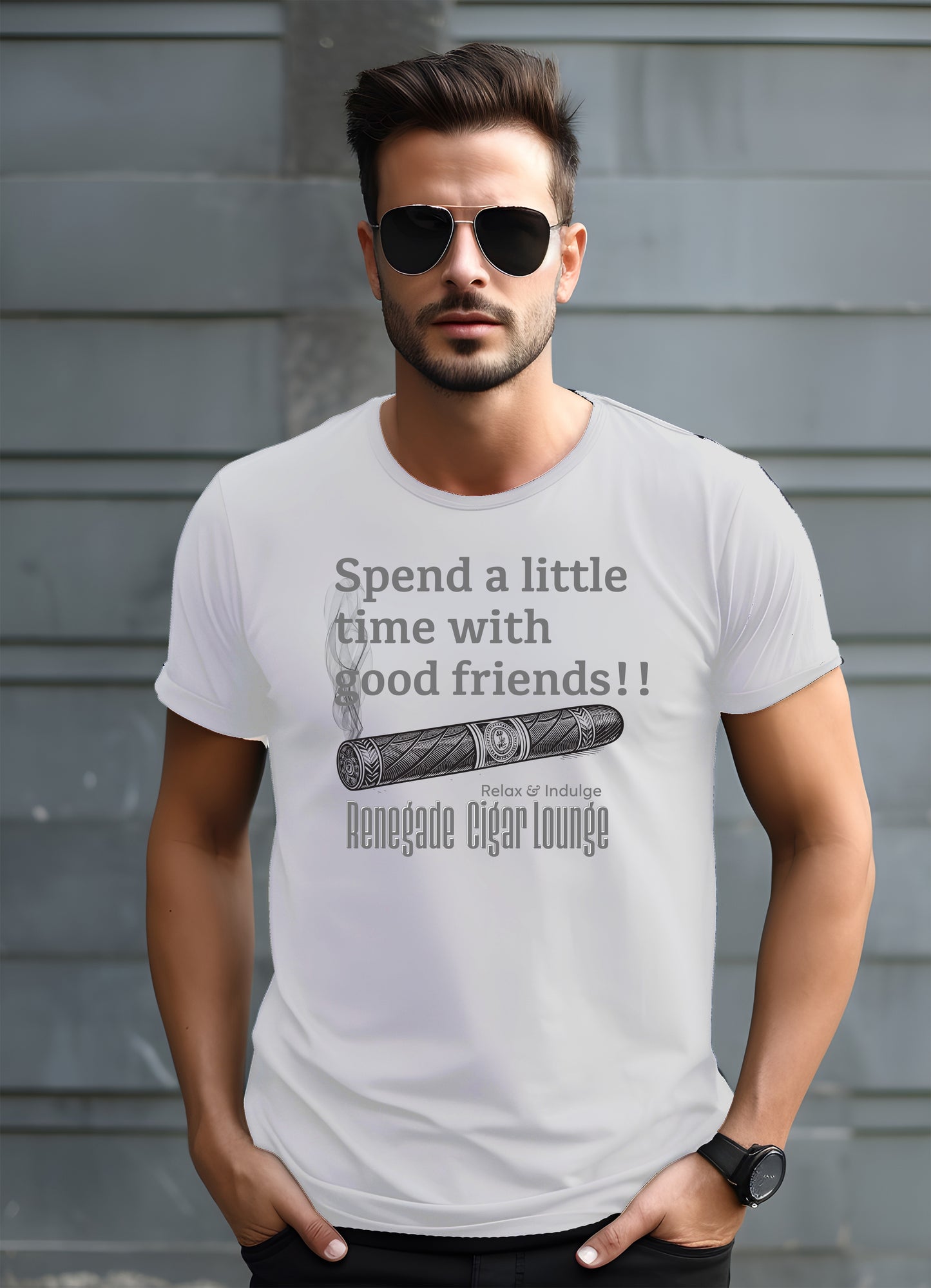 Man wearing a white t-shirt with text and a graphic of a cigar against a gray background