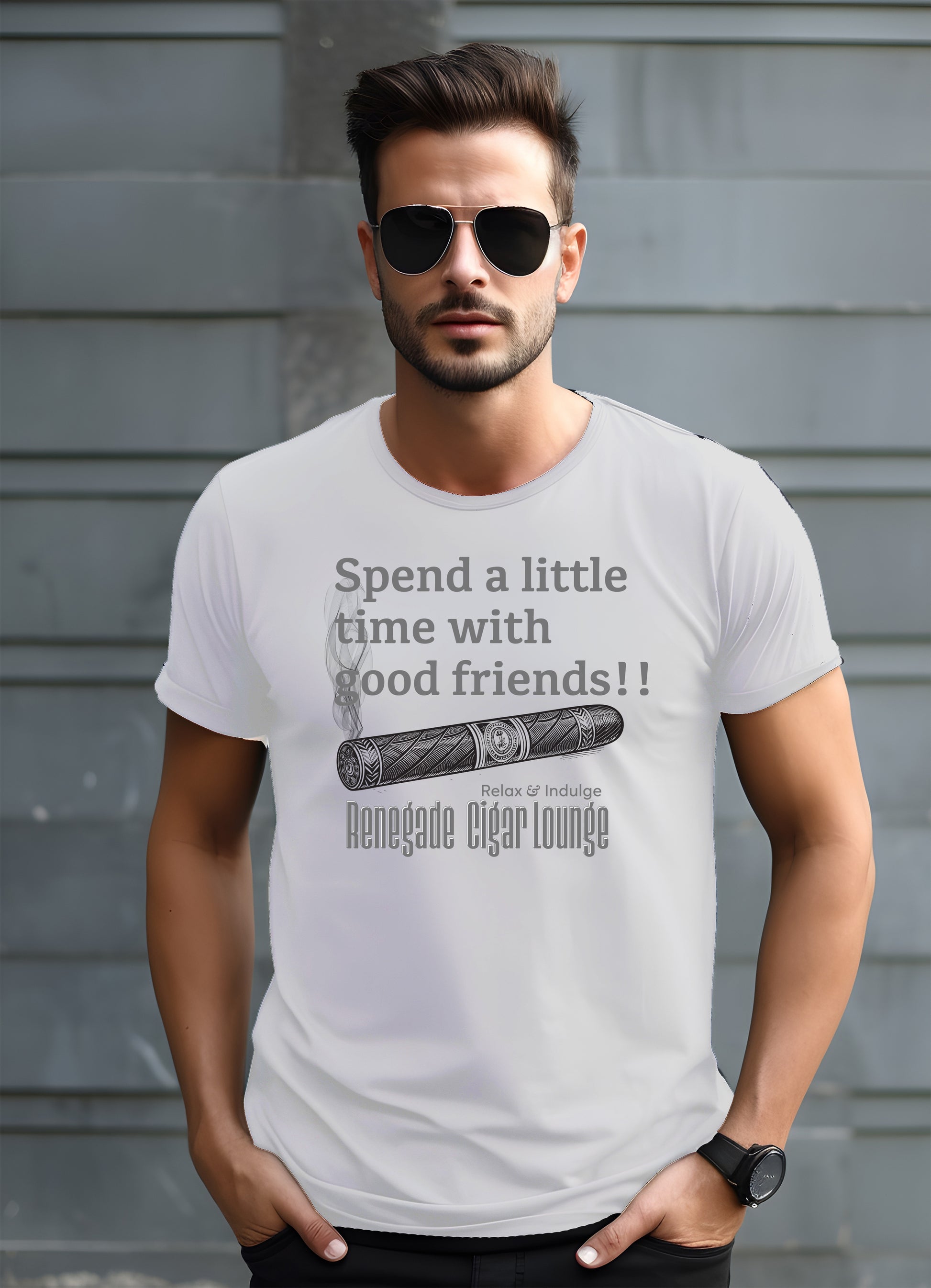 Man wearing a white t-shirt with text and a graphic of a cigar against a gray background