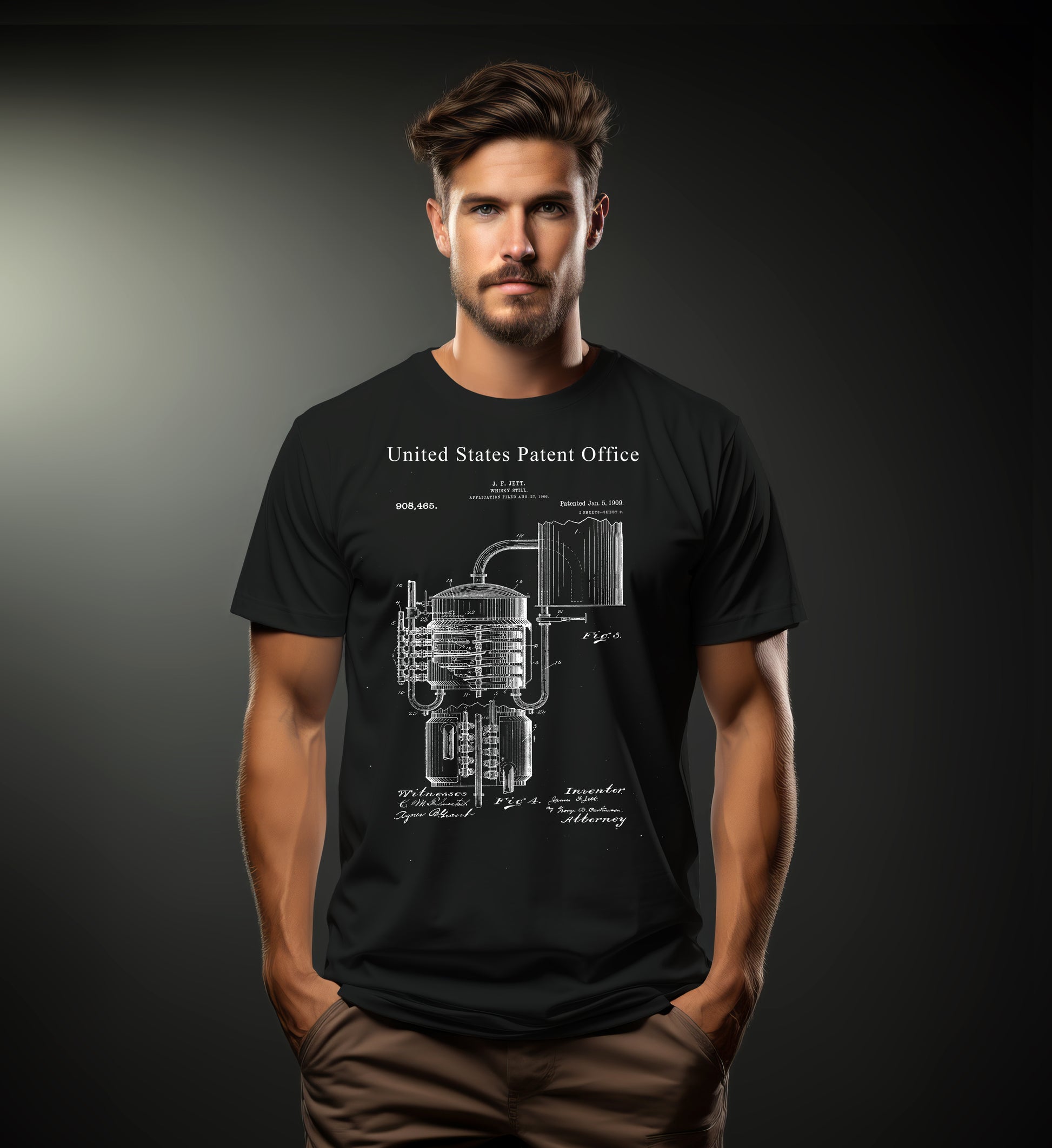 Man wearing a black t-shirt with a moonshine still on a dark background
