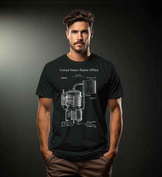 Man wearing a black t-shirt with a moonshine still on a dark background